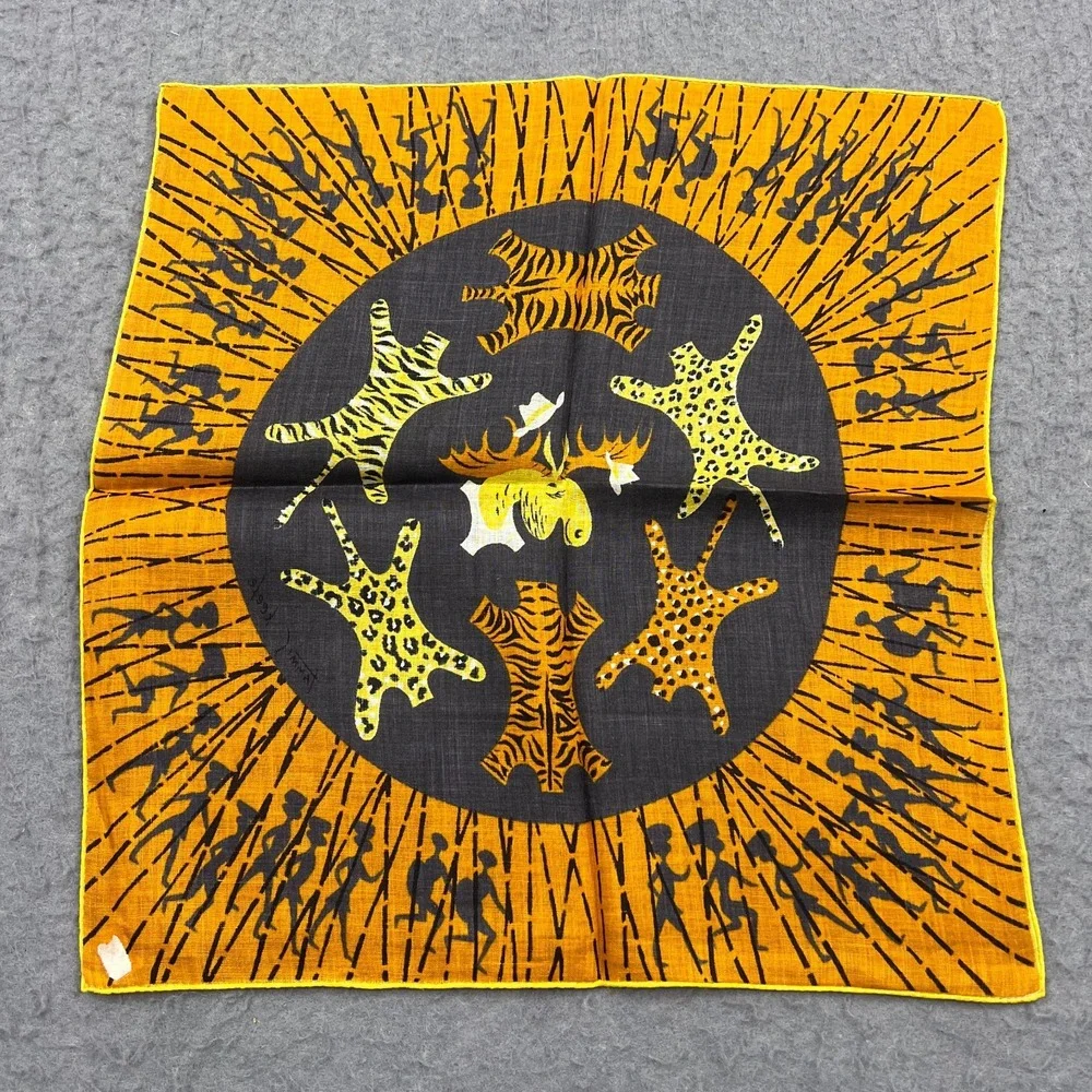 VTG Tammis Keefe Handkerchief Orange Tiger Pelt Moose Square Hankie +Sticker Tag